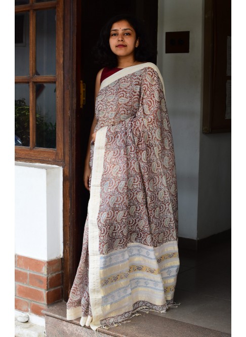 Brown with Off-White, Handwoven Organic Cotton, Textured Weave ,  Hand block printed, Occasion Wear, Jari Saree